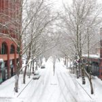 Seattle, Washington, USA – January 18th 2012: The corner of Yesler and Occidental in the Pioneer Square neighborhood after a rare winter storm in downtown Seattle.